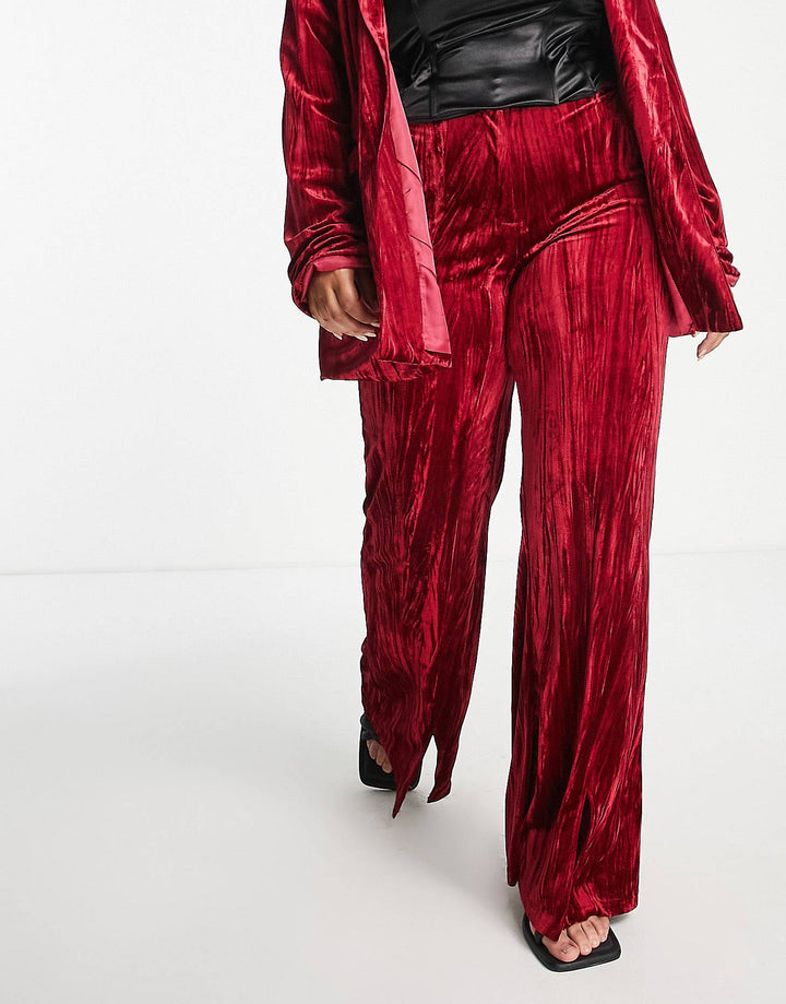 Plus Flared Trousers In Ruby Red Velvet Co-Ord