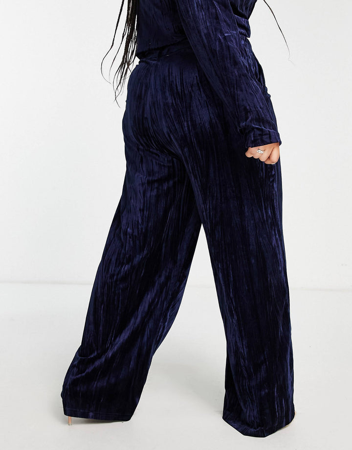 Plus Slouchy Wide Leg Trousers In Navy Sapphire Velvet Co-Ord