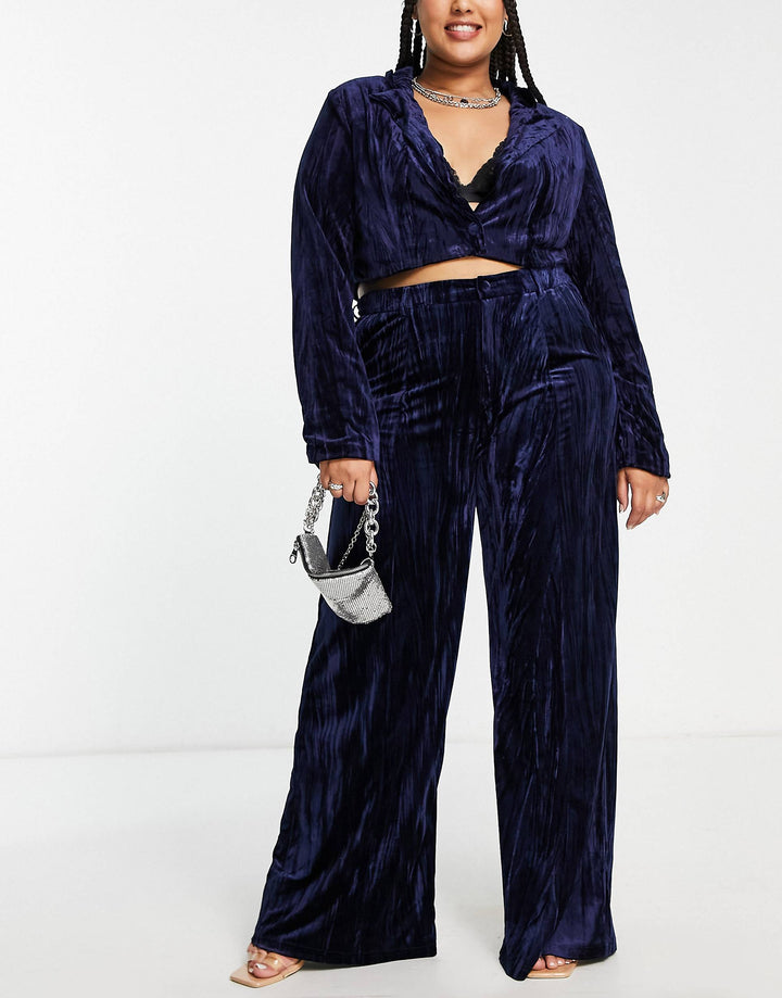 Plus Slouchy Wide Leg Trousers In Navy Sapphire Velvet Co-Ord