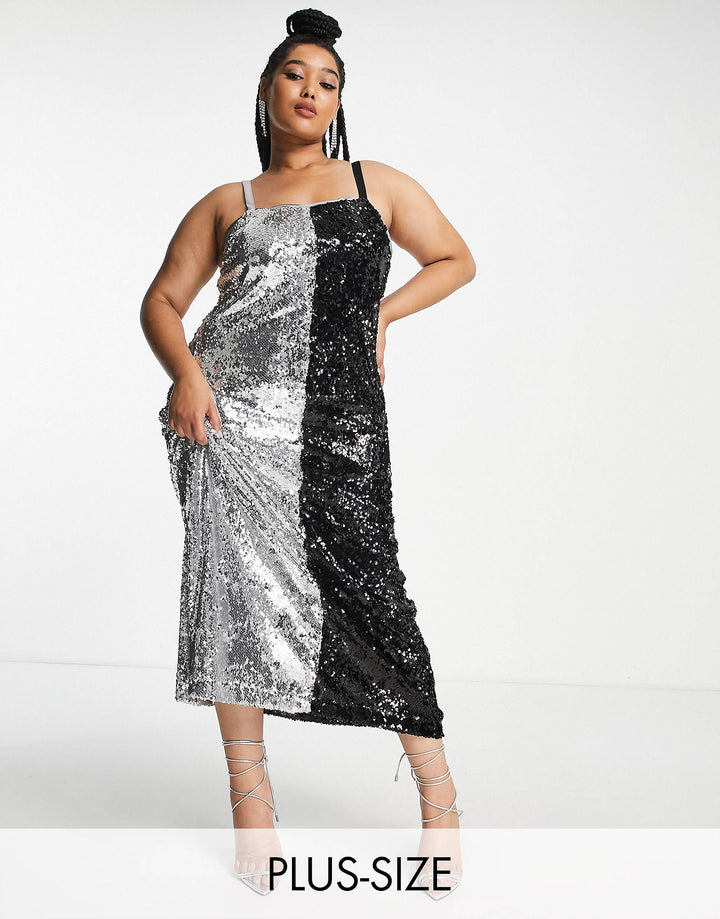 Plus Contrast Cami Maxi Dress In Silver And Black Sequin