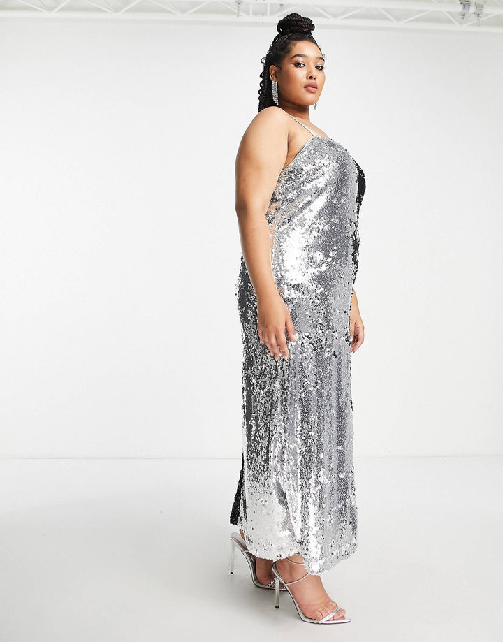 Plus Contrast Cami Maxi Dress In Silver And Black Sequin