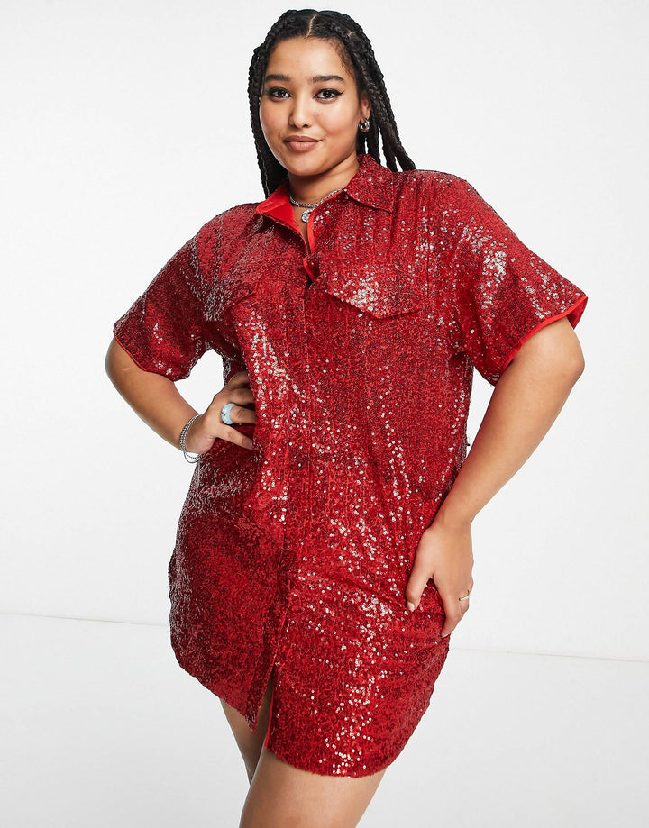 Plus Mini Shirt Dress In Ruby Red Sequin