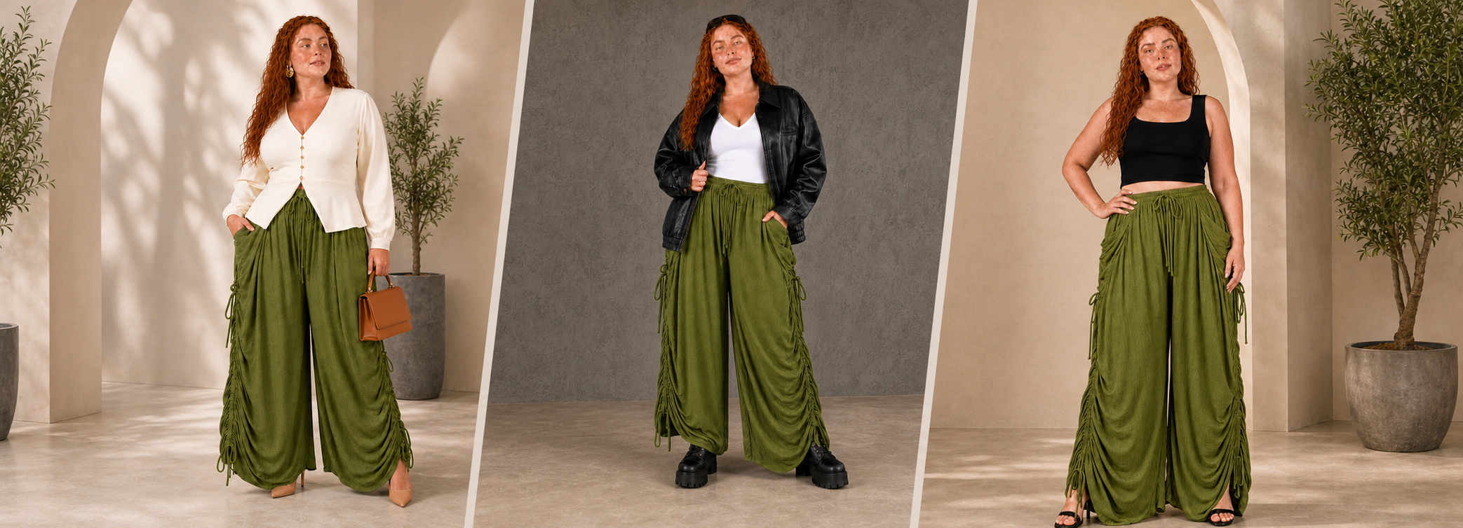 3 Ways to Style Olive Green Drawstring Wide Leg Trousers