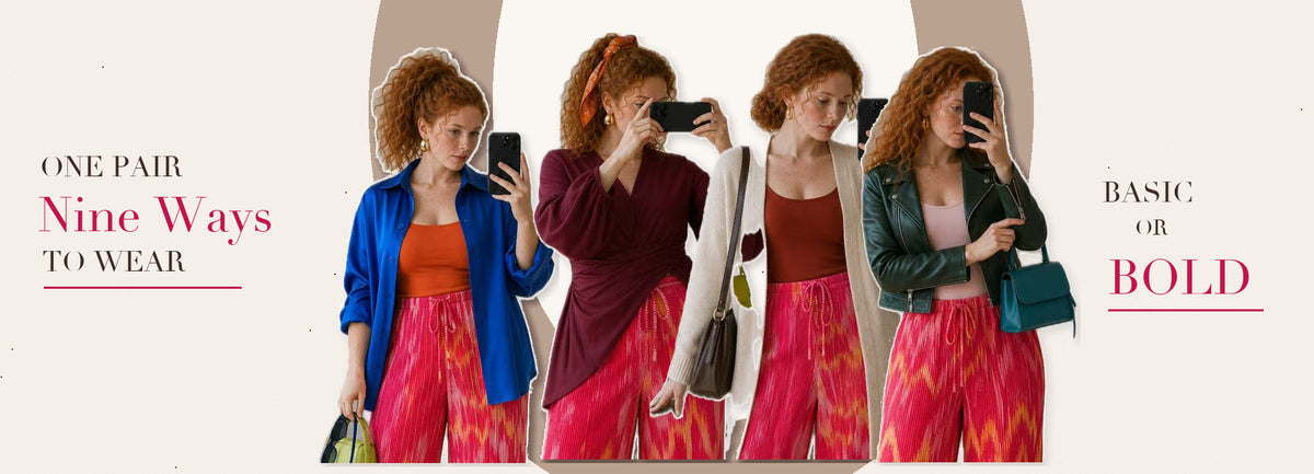 Plus-size woman styling pink tie-dye pleated wide-leg trousers in different outfits
