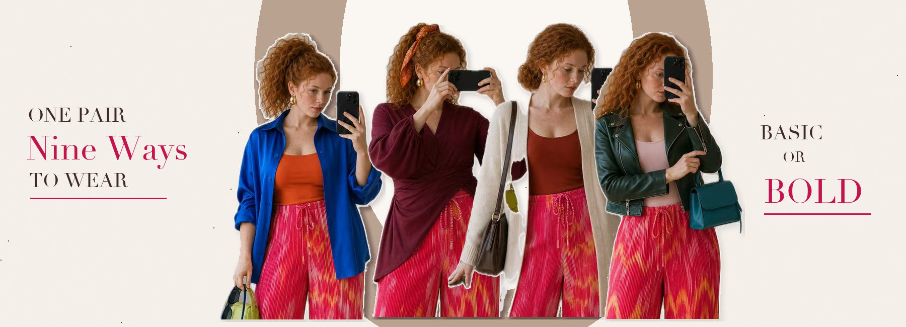 Plus-size woman styling pink tie-dye pleated wide-leg trousers in different outfits