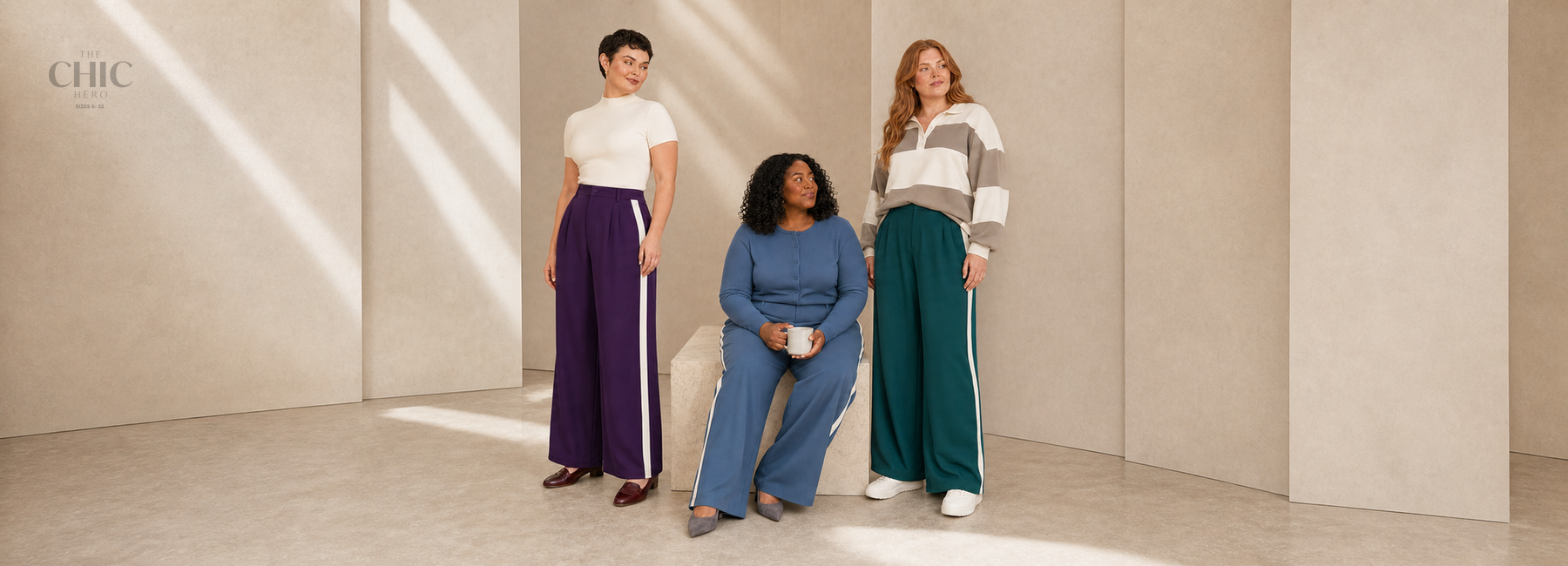 Three women in aubergine, slate-blue and deep-teal side-stripe wide-leg trousers in a cream studio.
