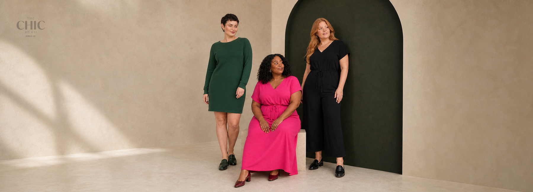 Three women wearing a forest-green straight dress, raspberry maxi dress and black wide-leg jumpsuit.
