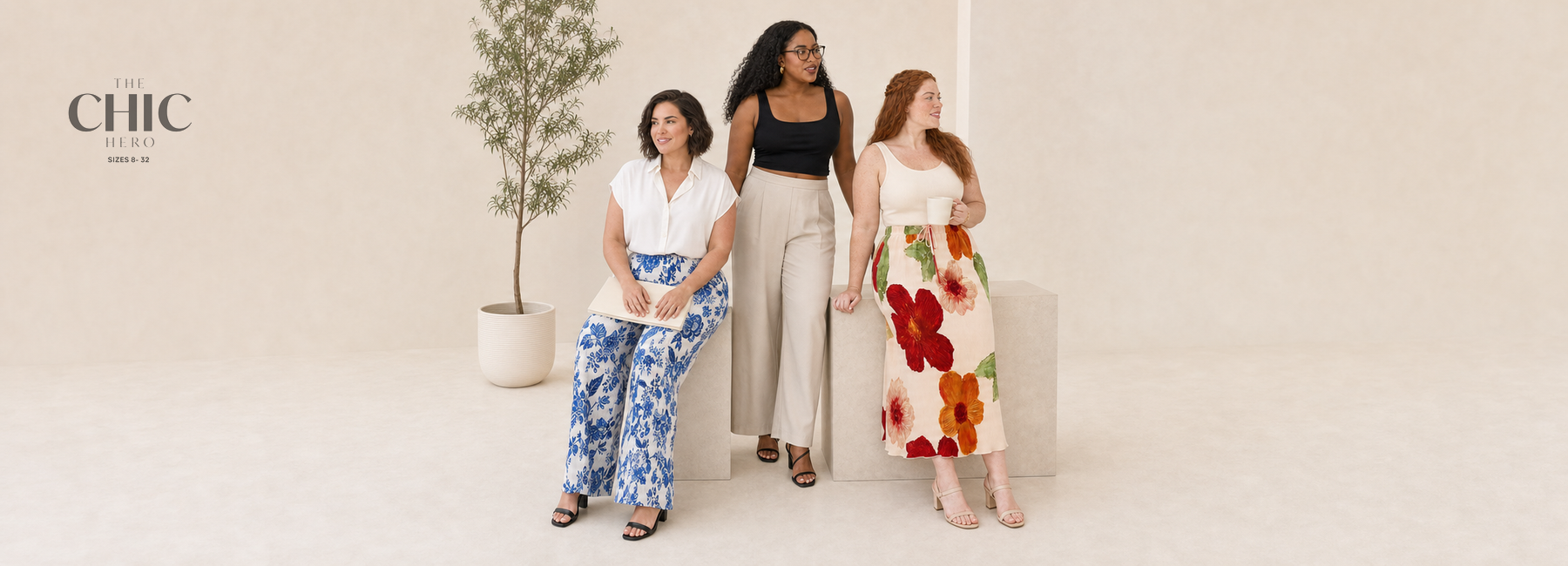Three plus-size women in coordinated polished prints at work summer looks in a natural studio scene &nbsp;