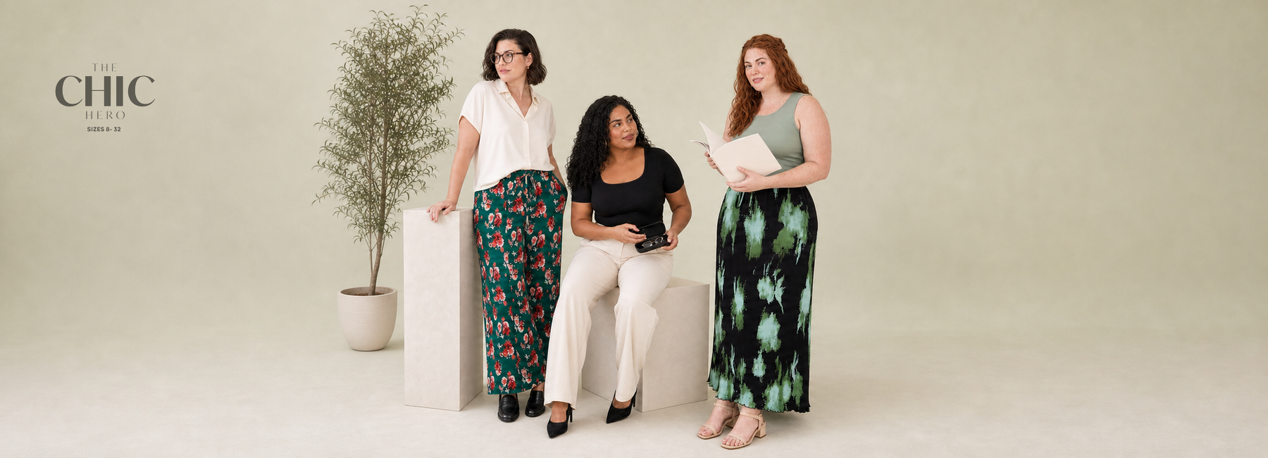 Three plus-size women in coordinated soft colour, strong shape summer looks in a natural studio scene &nbsp;