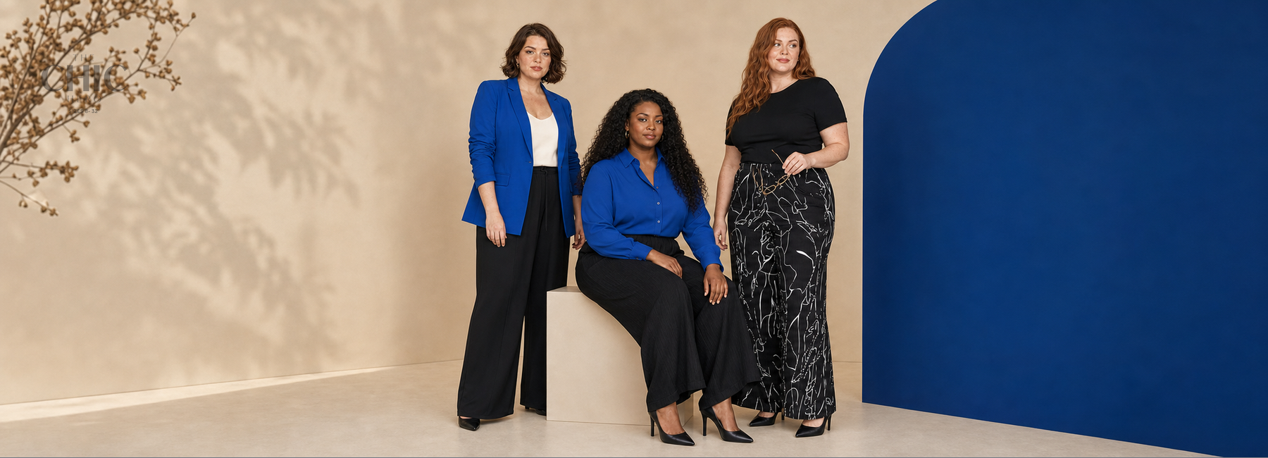 Three plus-size women in cobalt blue and black wide-leg workwear in a warm architectural studio  