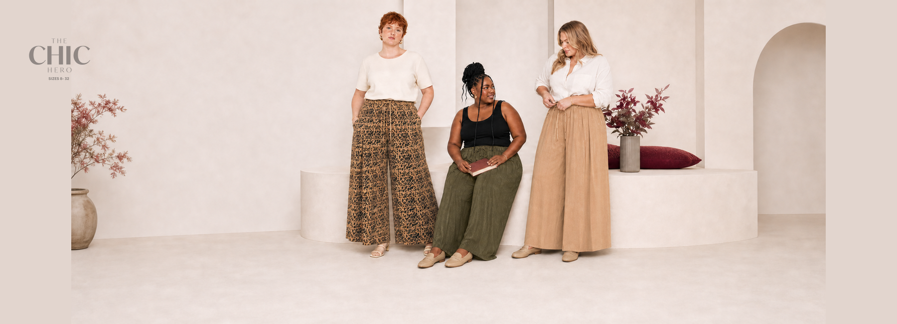 Three plus-size women in brown leopard, army green and apricot wide-leg pleated trousers  