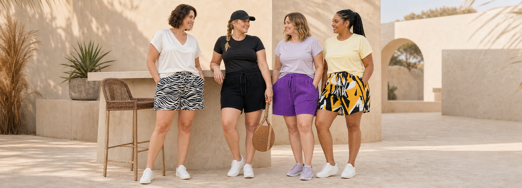 Four UK size 16 and 18 models styling black, purple, zebra-print and yellow-print relaxed shorts in a warm outdoor lounge setting.