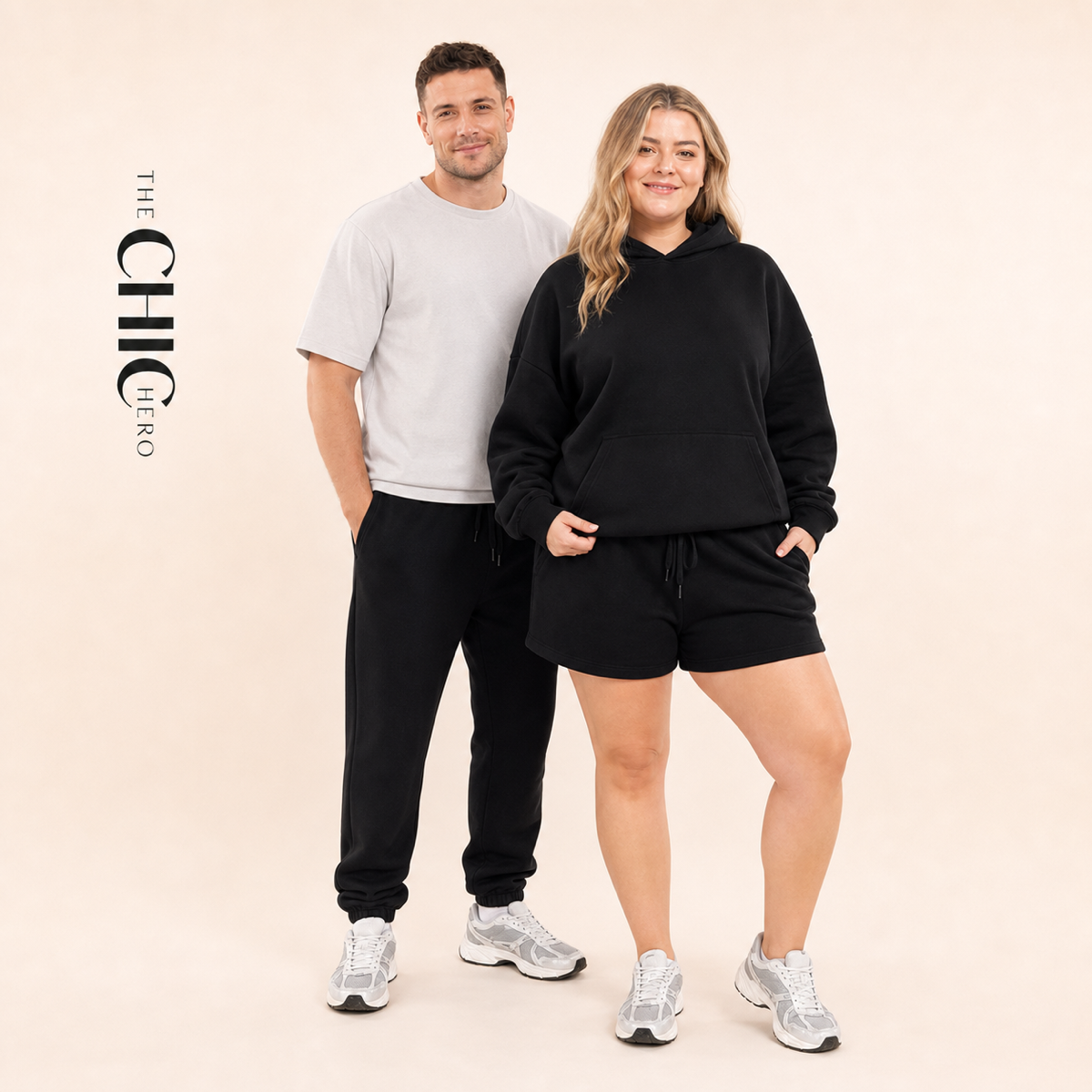 ChicHero black three-piece hoodie, joggers and shorts set on male and female models