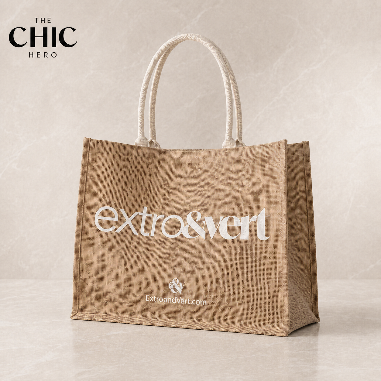 A natural jute tote bag with white handles and white printed branding reading 'extro&vert' and 'ExtroundVert.com' on a light beige marble-like surface and background.