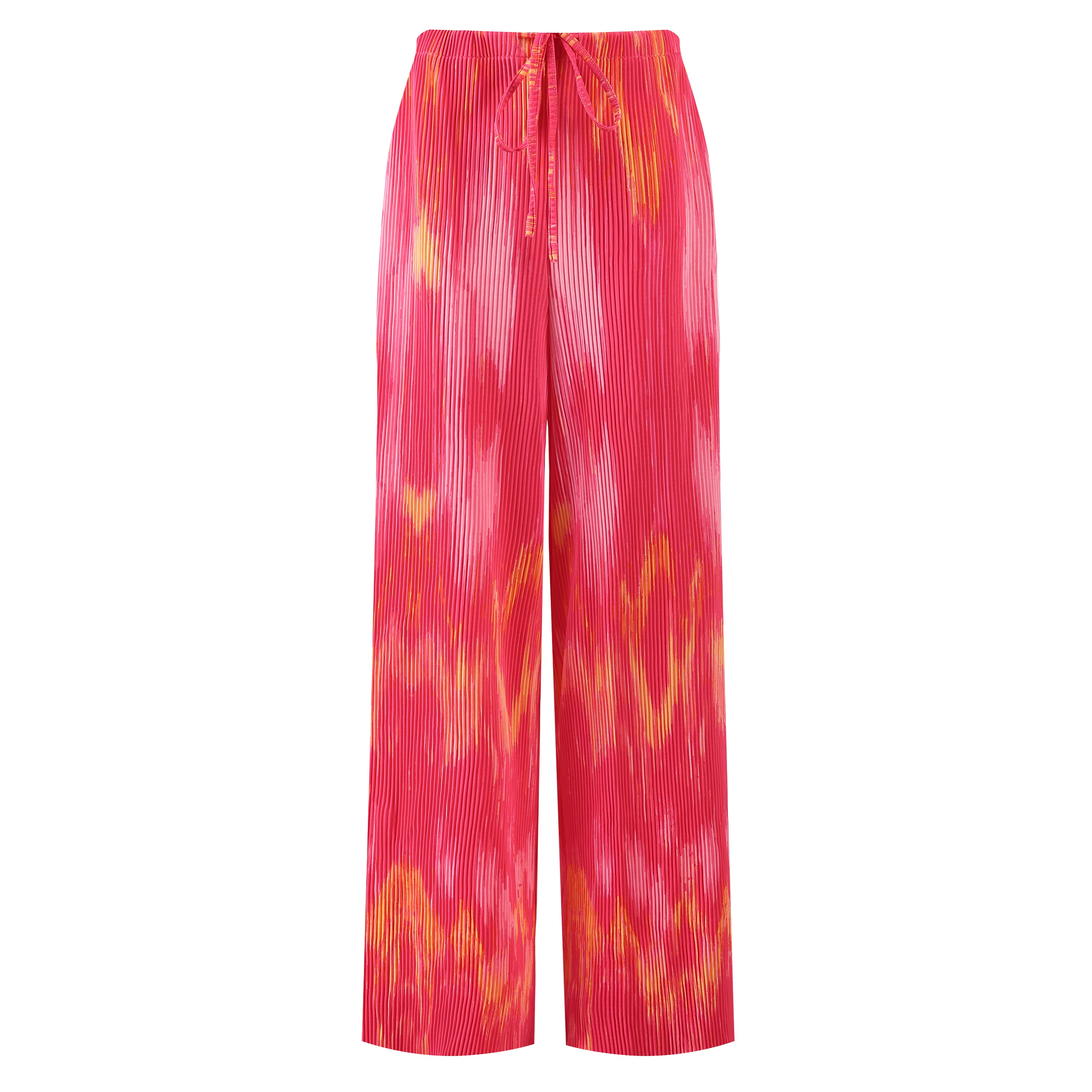 Plus Size Pink Tie-Dye Pleated Palazzo Pants with Wide Leg and Drawstring Waist