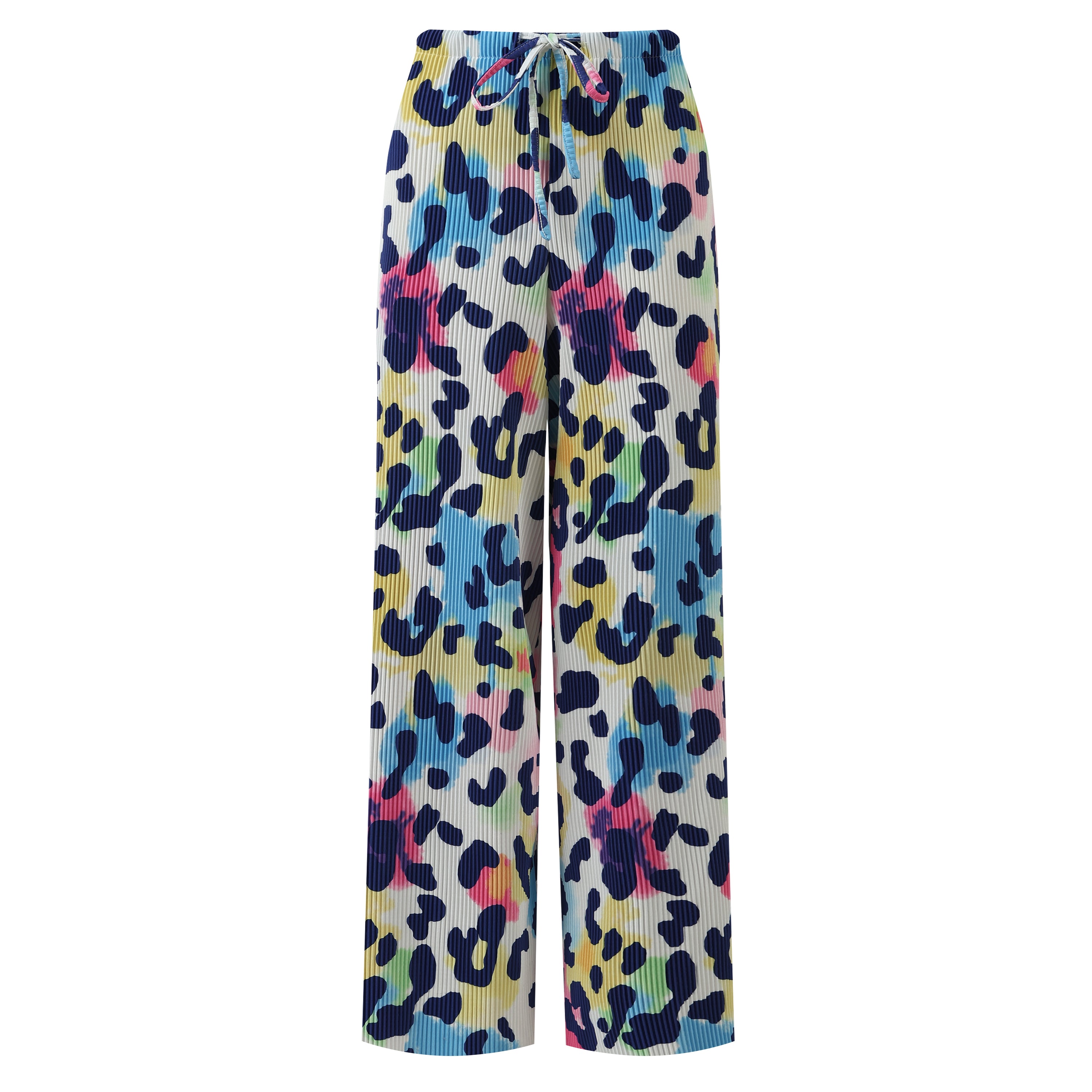 Plus Size Watercolour Leopard Print Pleated Palazzo Pants with Elastic Drawstring Waist and Wide Leg Fit