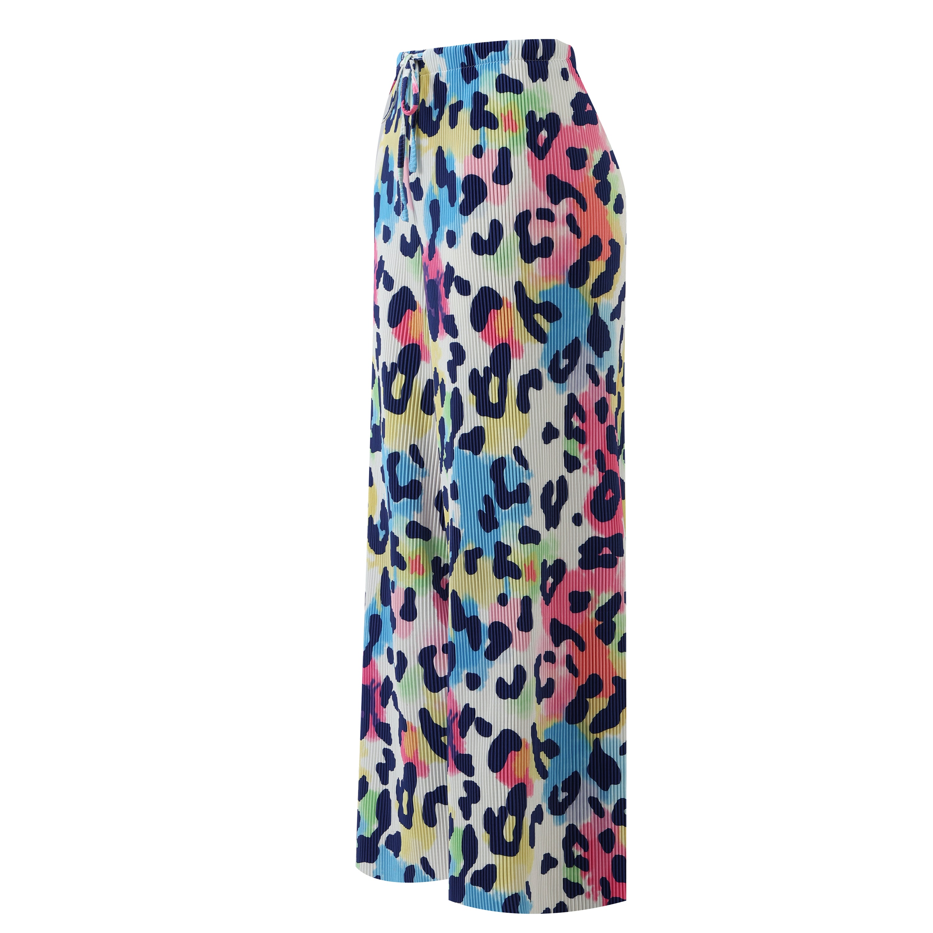 Plus Size Watercolour Leopard Print Pleated Palazzo Pants with Elastic Drawstring Waist and Wide Leg Fit