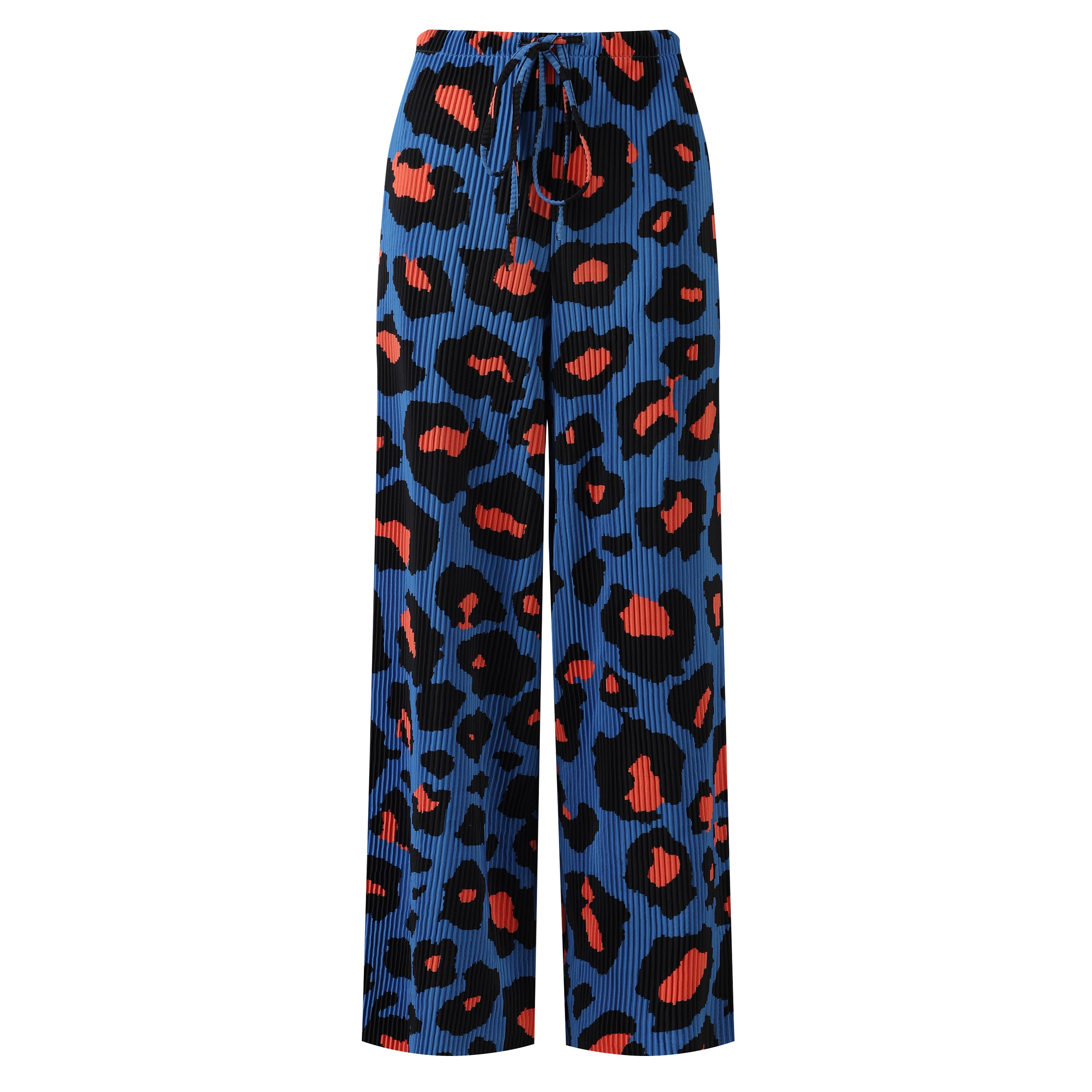 Plus Size Blue Leopard Abstract Print Wide-Leg Drawstring Palazzo Pleated Pants | TheChichero