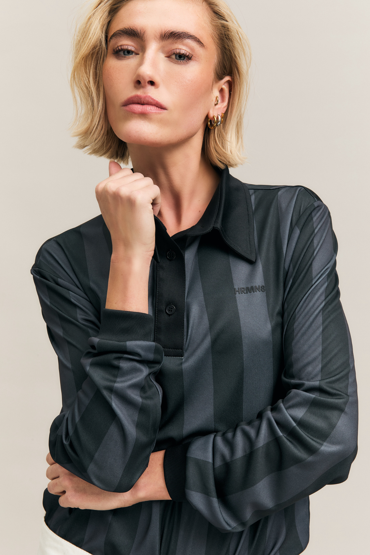 Black Stripe-Detail Long-Sleeve Polo – Striker – view 01