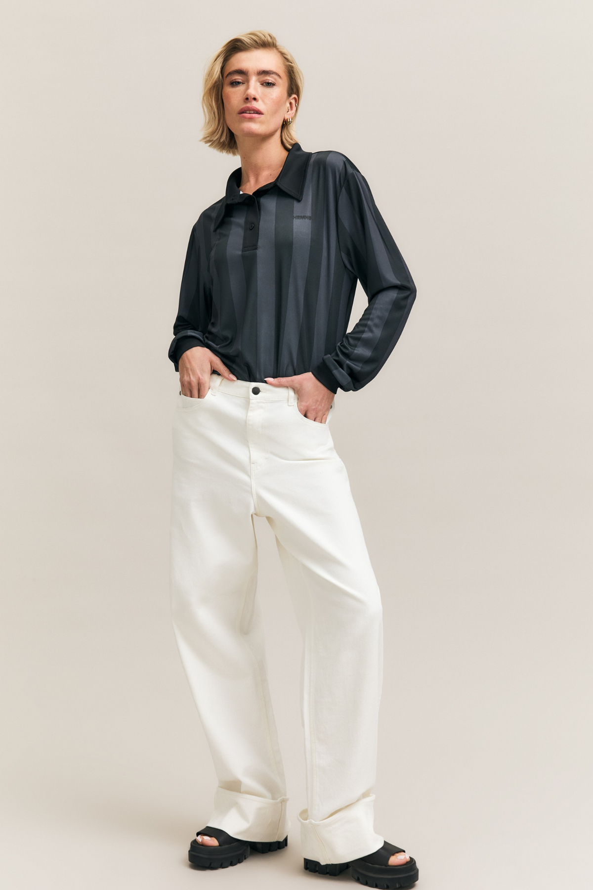 Black Stripe-Detail Long-Sleeve Polo – Striker – view 03