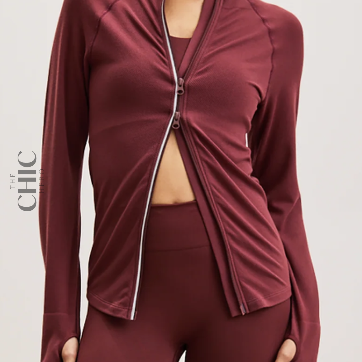 The Chic Hero Burgundy Ruched Zip-Front Active Top – Sculpt front product image