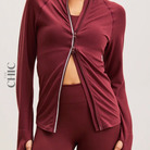 The Chic Hero Burgundy Ruched Zip-Front Active Top – Sculpt front product image