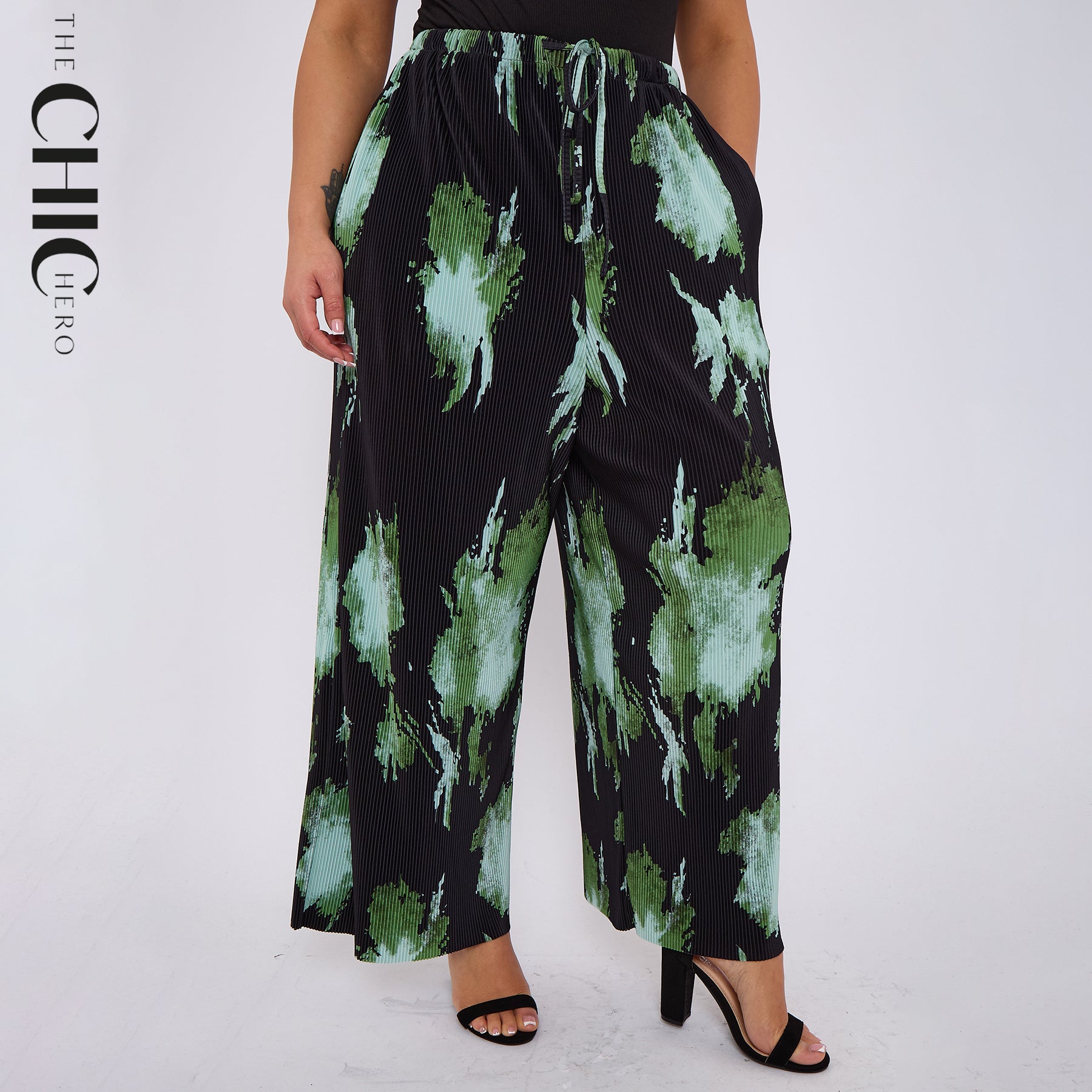 Abstract Green Black Print Wide-Leg Drawstring Pants Palazzo