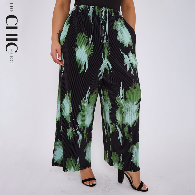 Green Abstract Print Pleated Wide Leg Trousers with Pockets