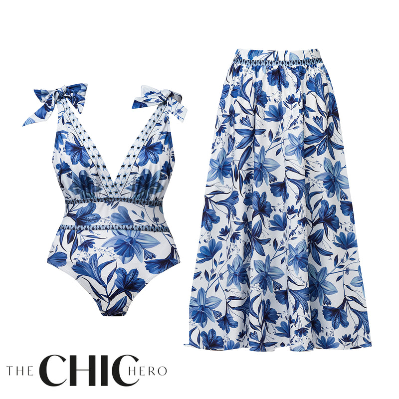 V Neck Lace Up Boho Breeze Blue Floral Swimsuit & Skirt