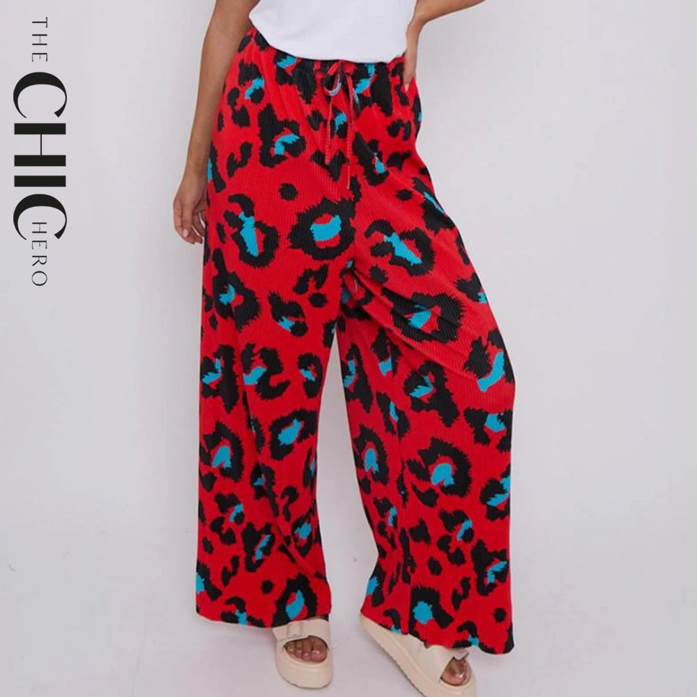 Red Leopard Abstract Print Wide-Leg Drawstring Palazzo Pleated