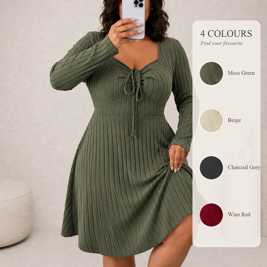 Ribbed Sweetheart Neck Tie Front Midi Dress
