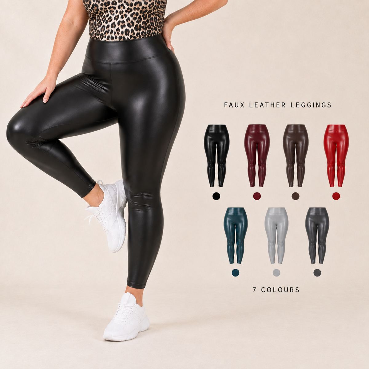 A model wearing shiny black faux leather leggings poses against a light beige background, with a graphic on the right showing seven color options for faux leather leggings.