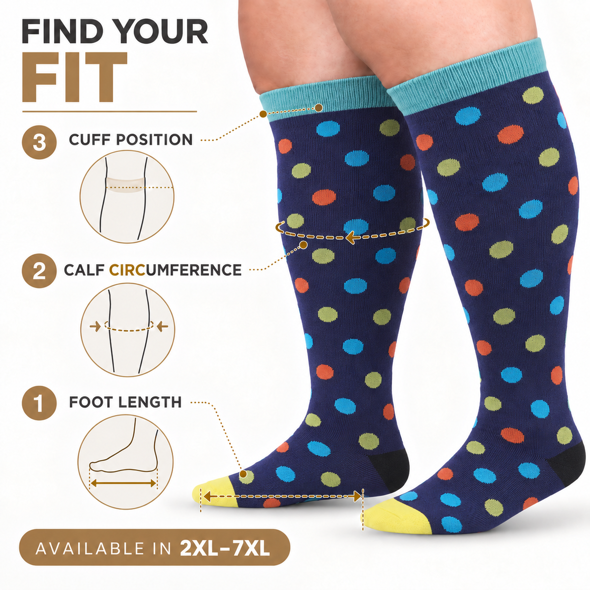 Multicolour Polka Dot Wide-Calf Graduated Compression Socks 15–24 mmHg – 2XL–7XL – how to measure