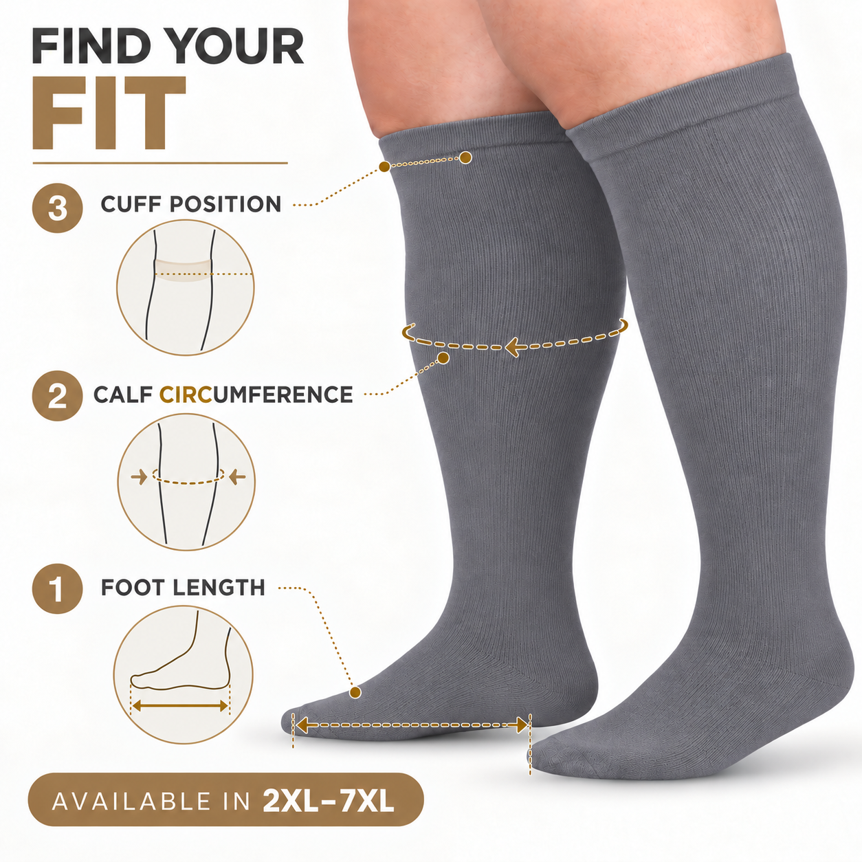 Grey Wide-Calf Graduated Compression Socks 15–24 mmHg – 2XL–7XL – how to measure
