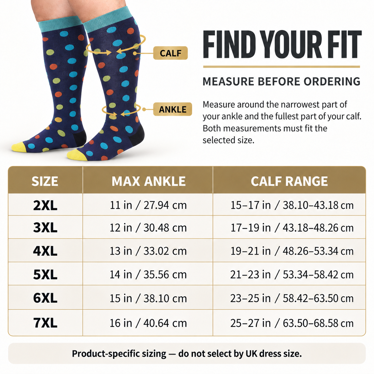 Multicolour Polka Dot Wide-Calf Graduated Compression Socks 15–24 mmHg – 2XL–7XL – size guide