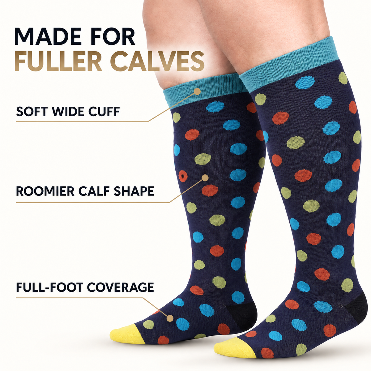 Multicolour Polka Dot Wide-Calf Graduated Compression Socks 15–24 mmHg – 2XL–7XL – features