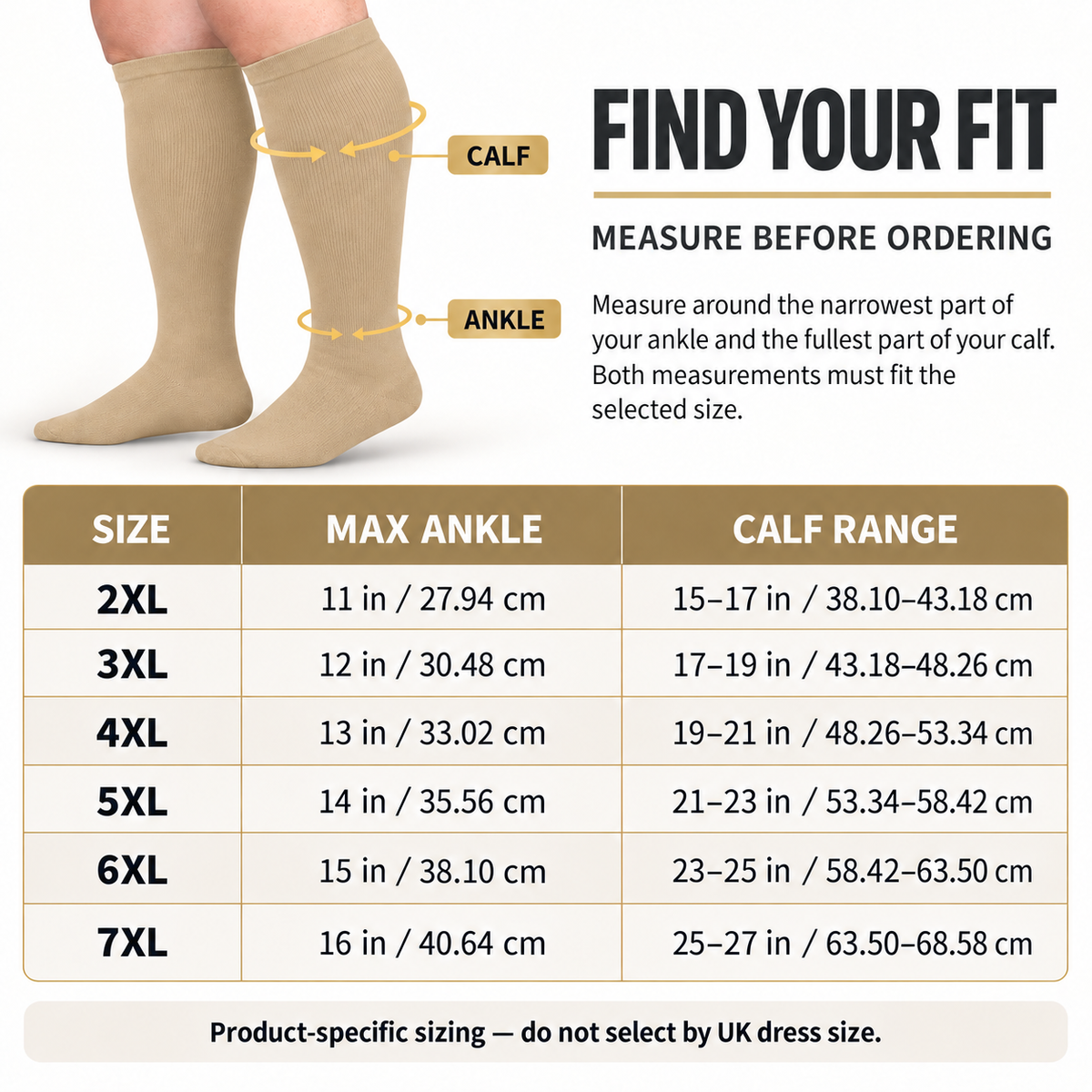 Nude Wide-Calf Graduated Compression Socks 15–24 mmHg – 2XL–7XL – size guide