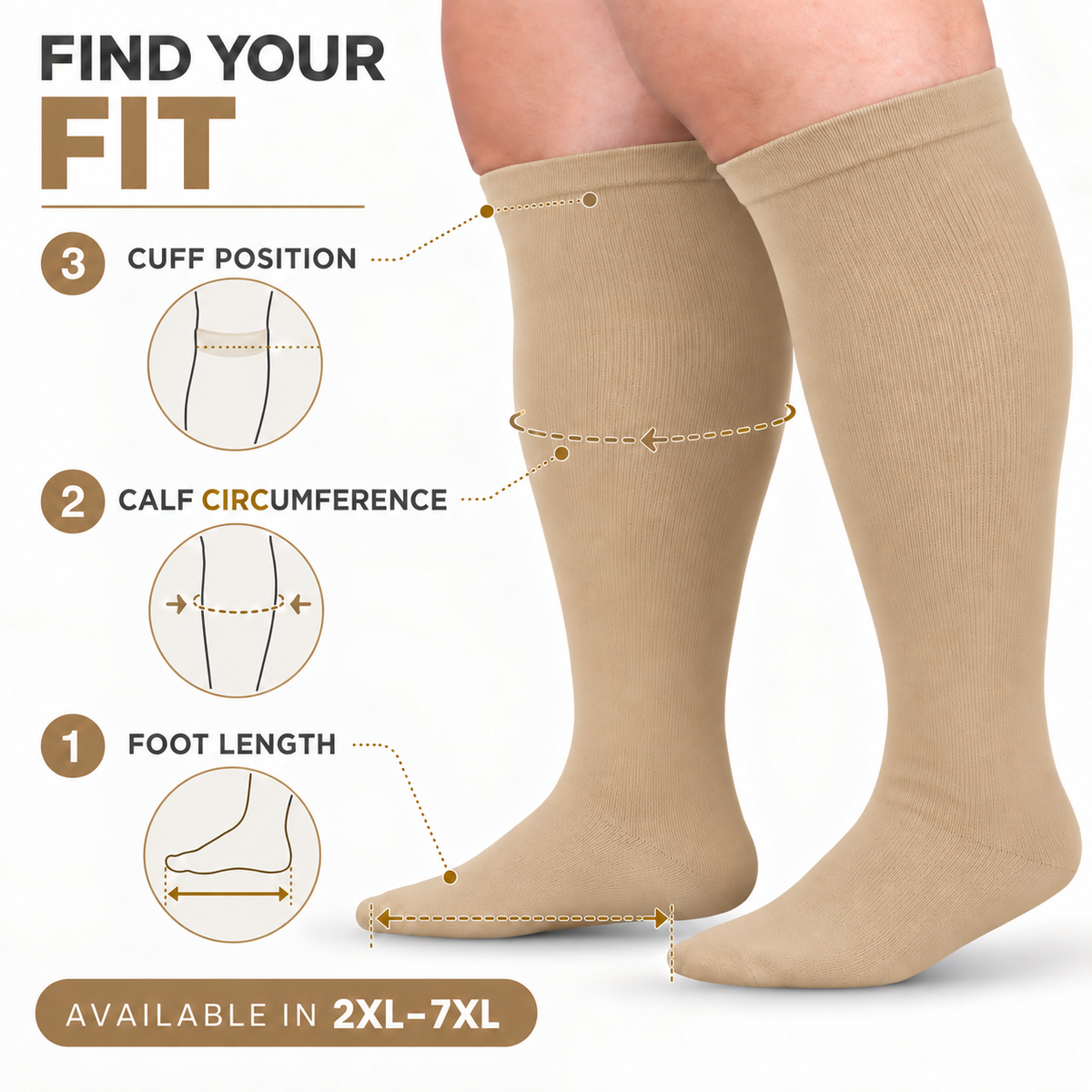 Nude Wide-Calf Graduated Compression Socks 15–24 mmHg – 2XL–7XL – how to measure