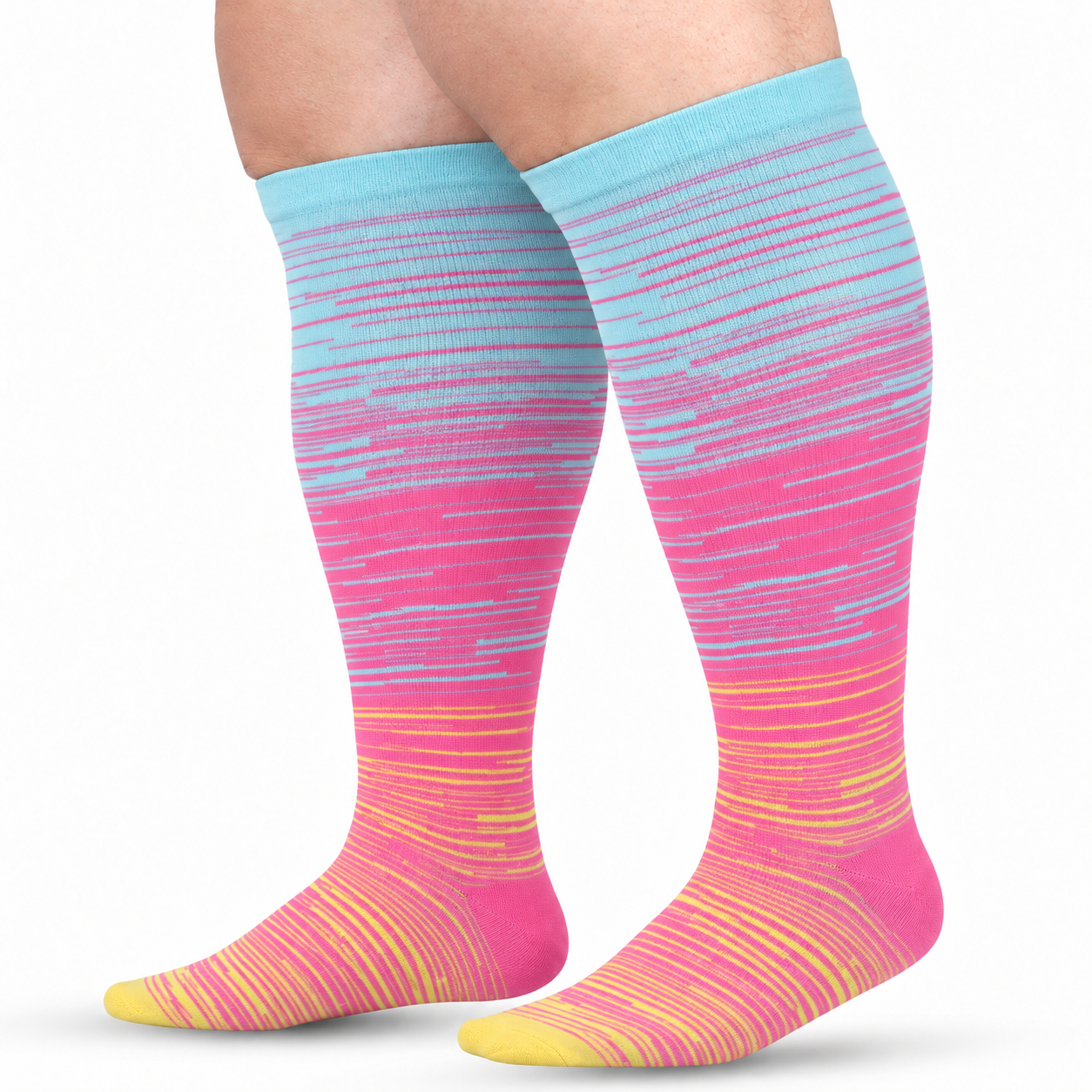 Blue & Pink Fine-Line Wide-Calf Graduated Compression Socks 15–24 mmHg – 2XL–7XL – white background model view