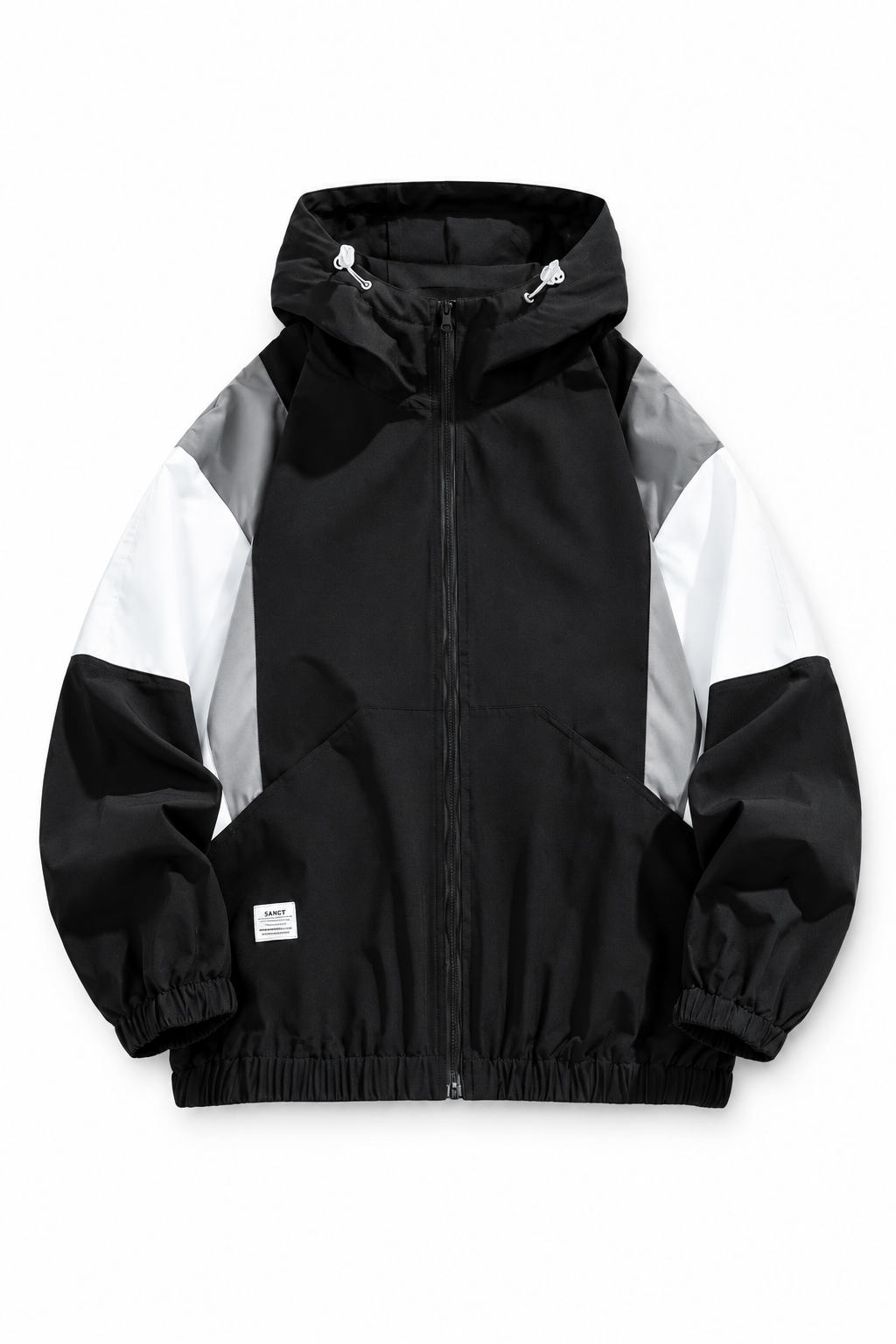 Plus size colour-block hooded jacket in Black, front view