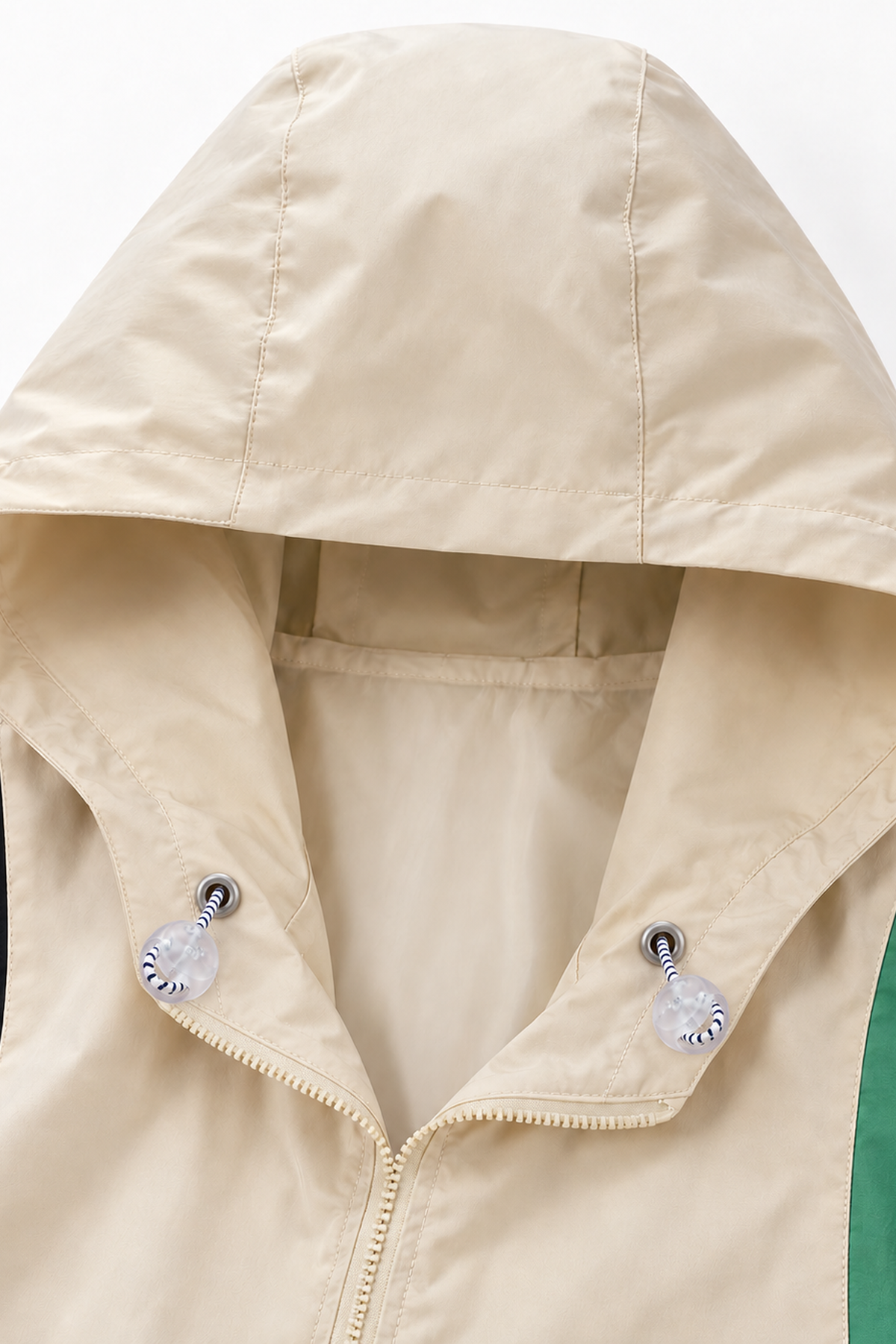 Adjustable drawcord hood detail on colour-block jacket