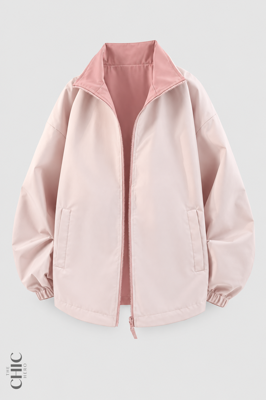 Pink and Dusty Rose unisex reversible oversized windproof jacket, front product view.
