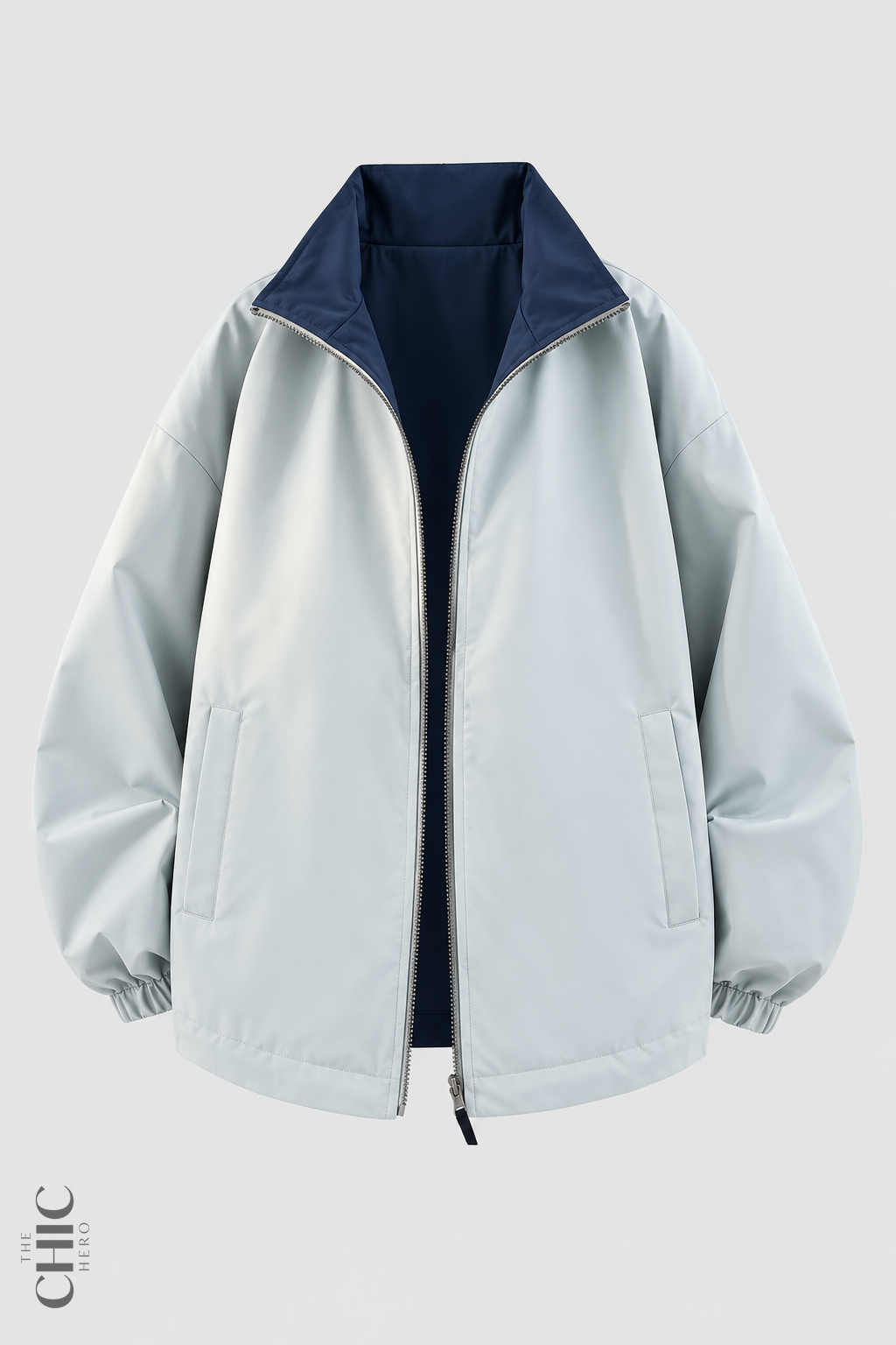 Blue Grey and Navy unisex reversible oversized windproof jacket, front product view.