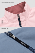 Pink and Dusty Rose reversible stand collar with Blue Grey and Navy matching zip detail.