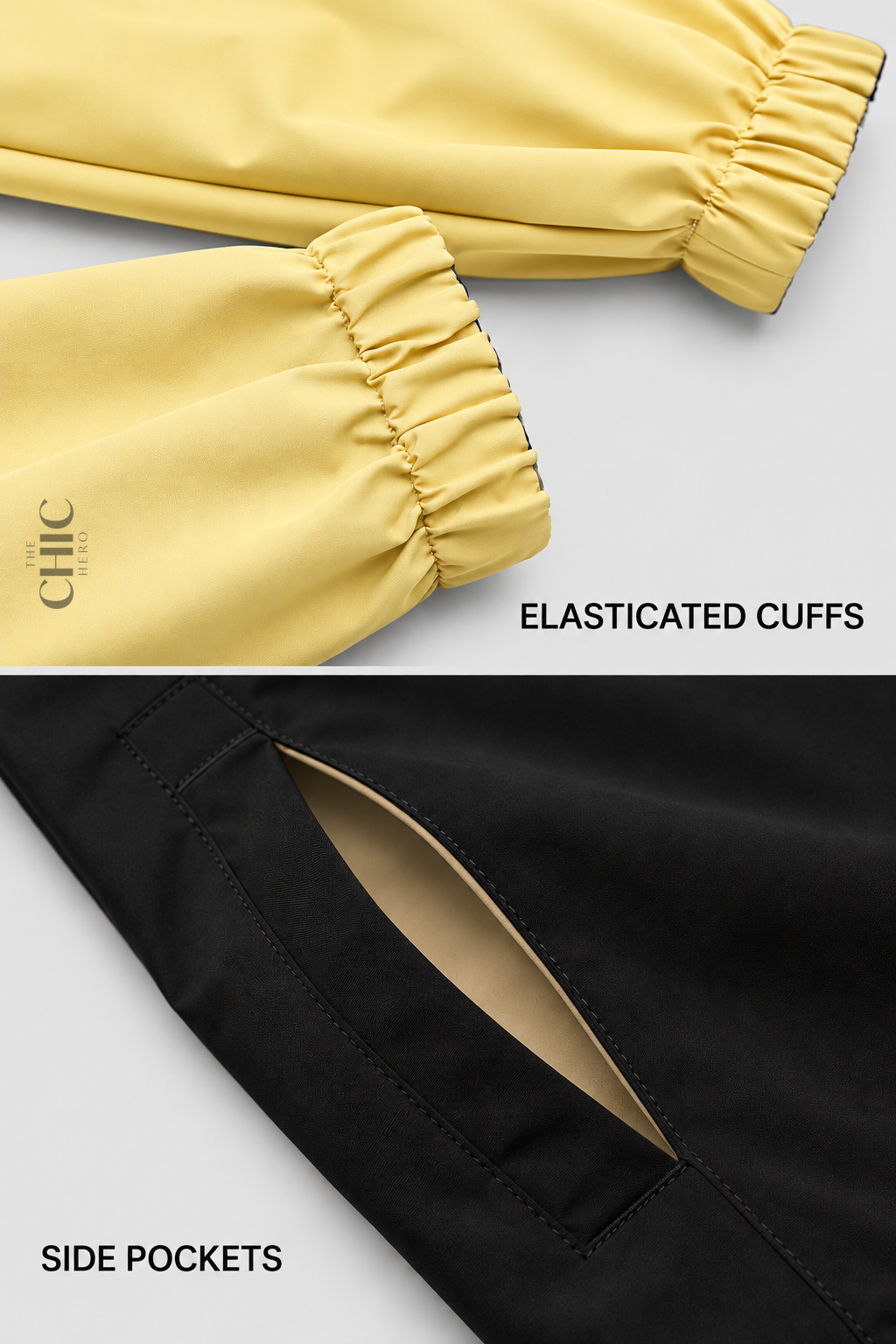 Butter Yellow elasticated cuffs with Black and Beige side pocket detail.