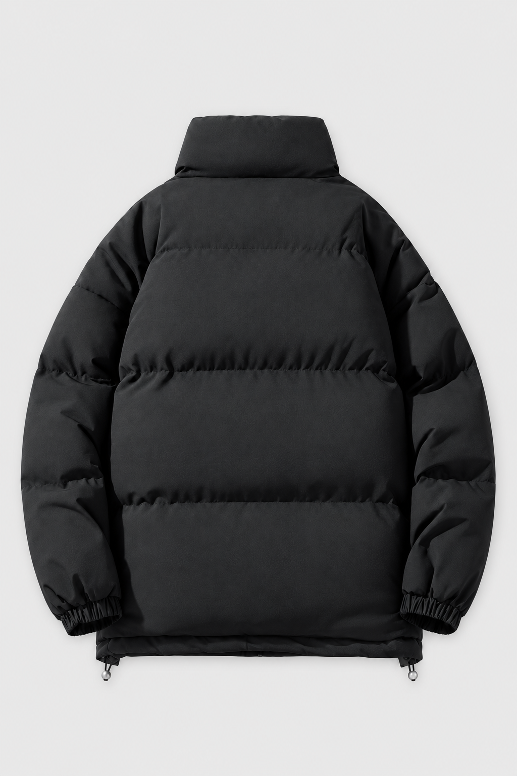 Unisex oversized black stand collar padded winter jacket, back view