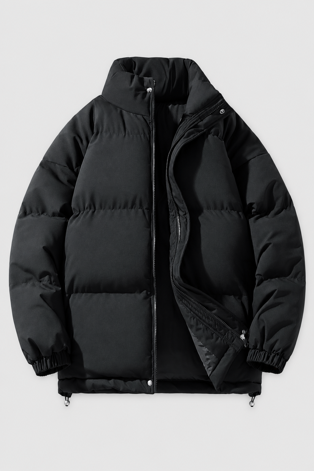 Unisex oversized black stand collar padded winter jacket, front view