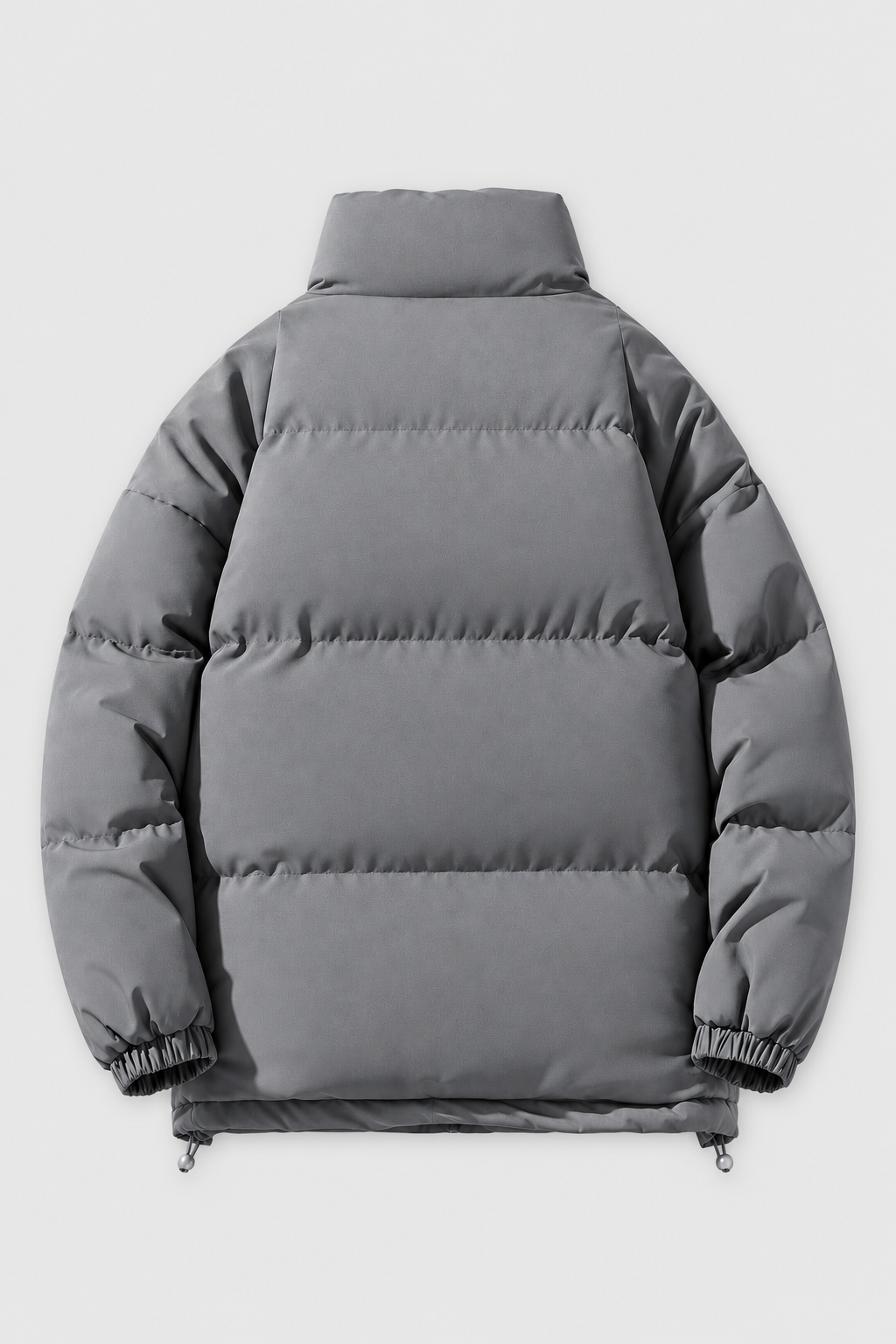 Unisex oversized grey stand collar padded winter jacket, back view