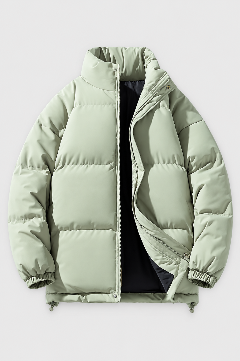 Unisex oversized sage green stand collar padded winter jacket, front view