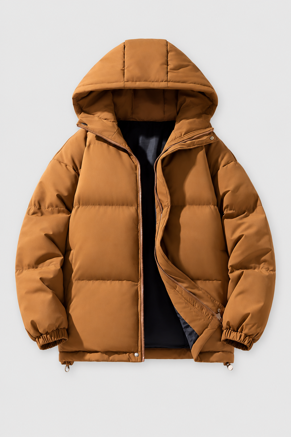 Unisex oversized brown hooded padded winter jacket, front view